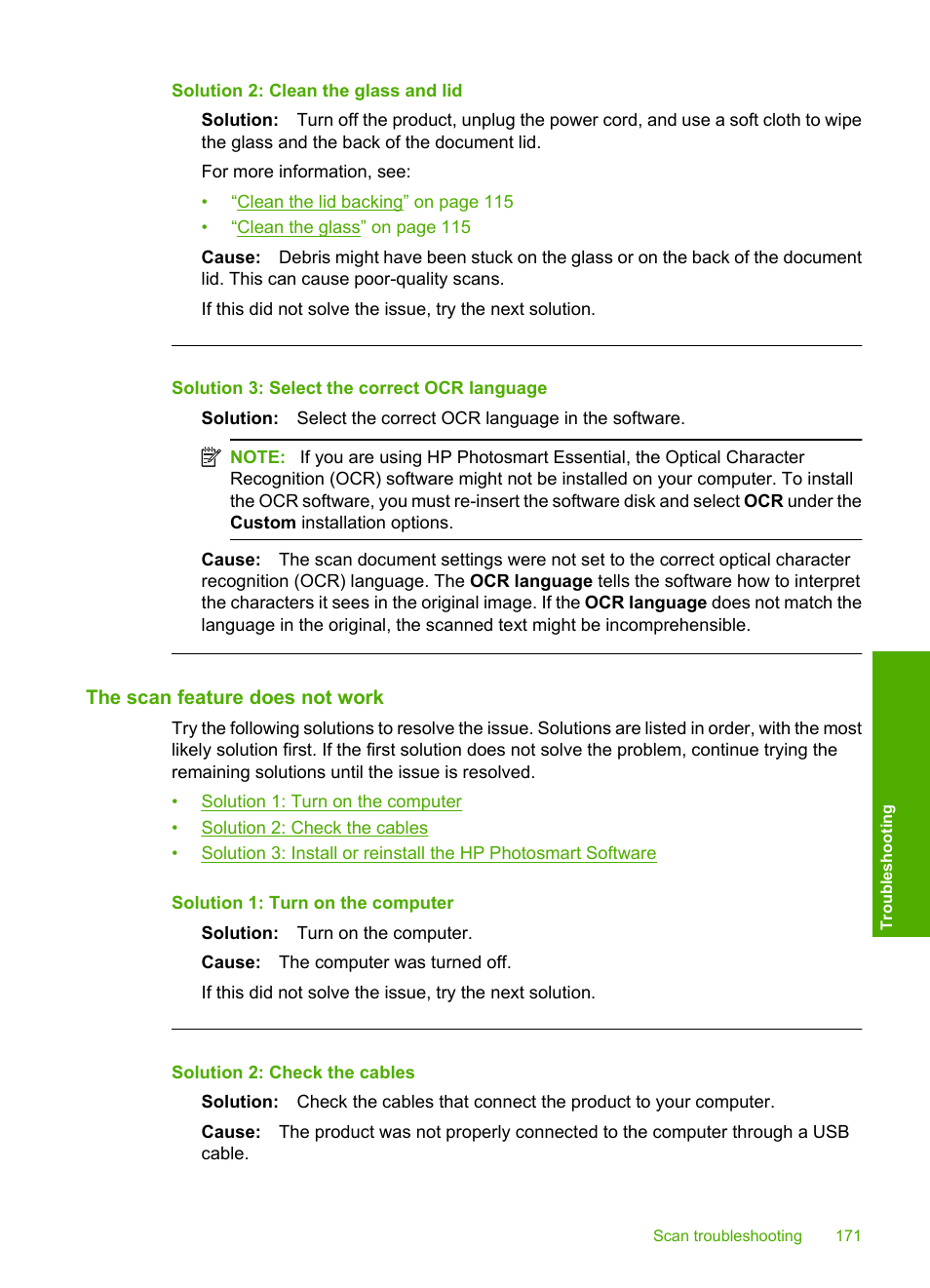The scan feature does not work | HP Photosmart C5580 All-in-One Printer User Manual | Page 174 / 292