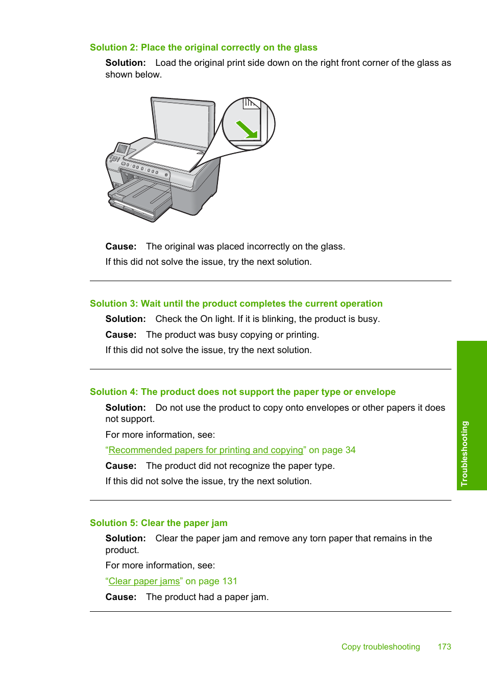 Solution 5: clear the paper jam | HP Photosmart C5580 All-in-One Printer User Manual | Page 176 / 292