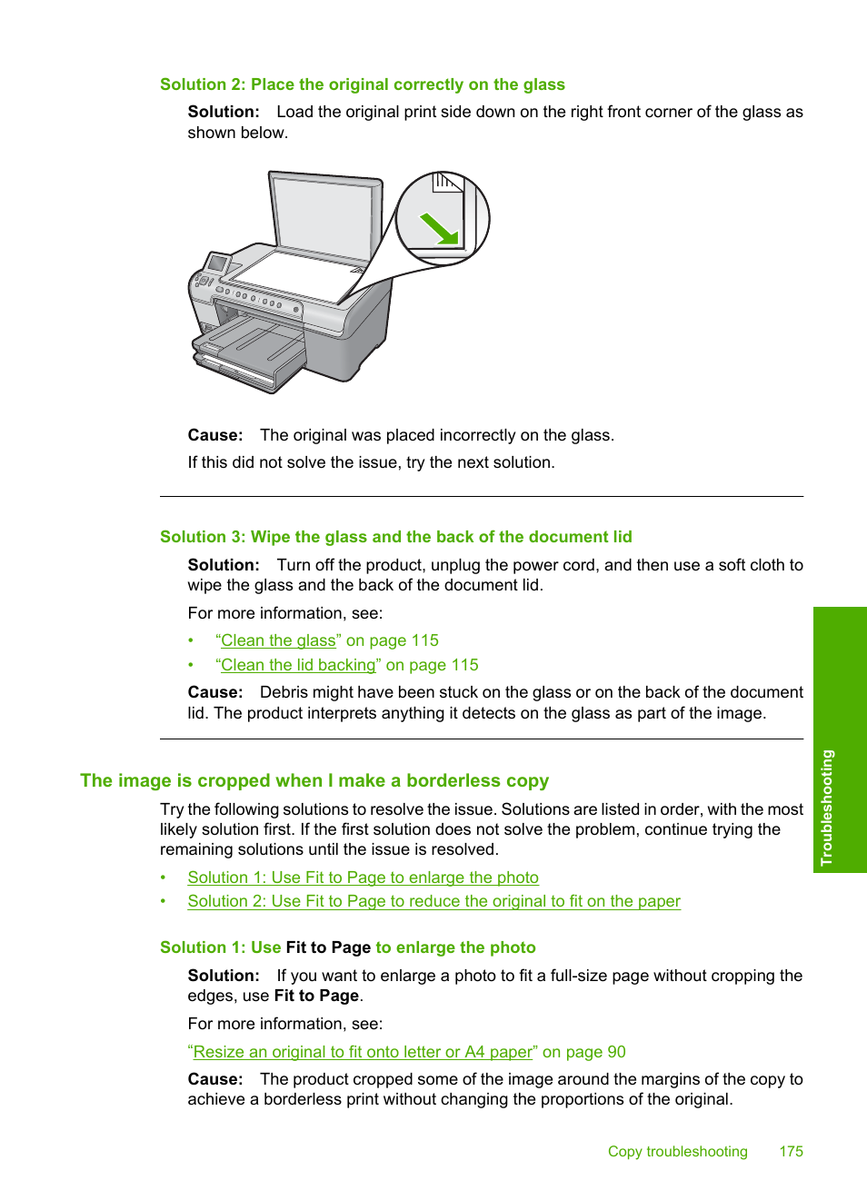 The image is cropped when i make a borderless copy | HP Photosmart C5580 All-in-One Printer User Manual | Page 178 / 292