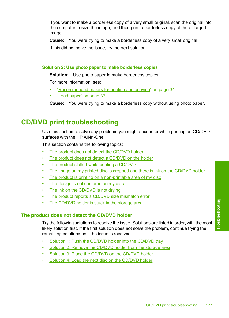 Cd/dvd print troubleshooting, The product does not detect the cd/dvd holder | HP Photosmart C5580 All-in-One Printer User Manual | Page 180 / 292