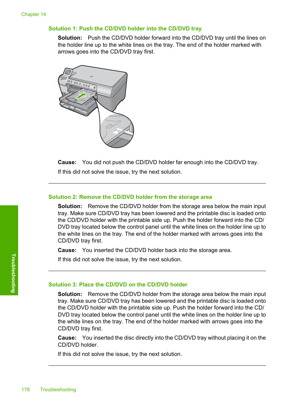 Solution 3: place the cd/dvd on the cd/dvd holder | HP Photosmart C5580 All-in-One Printer User Manual | Page 181 / 292