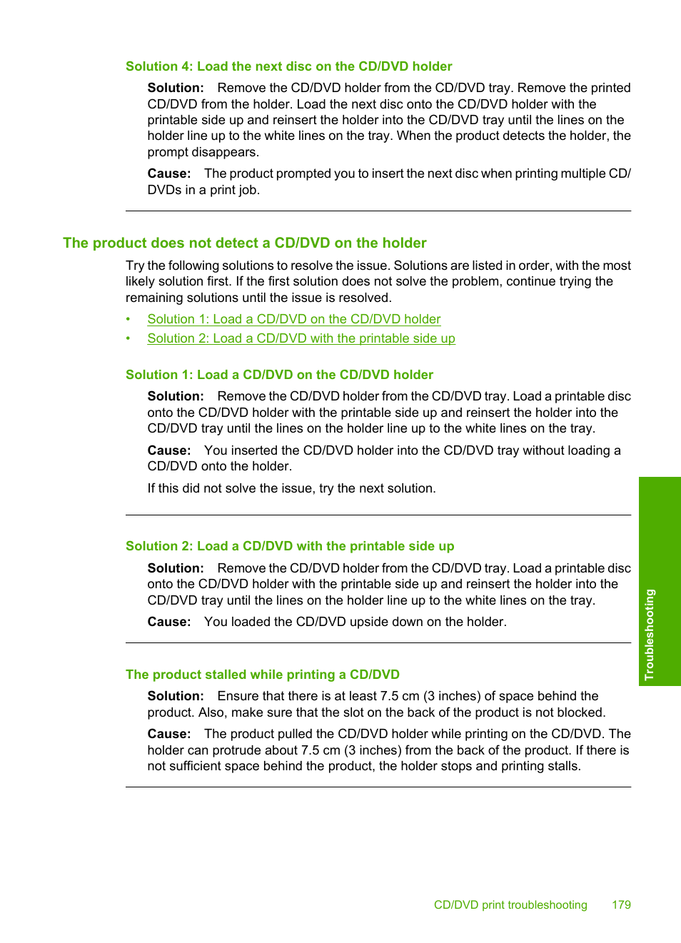 The product does not detect a cd/dvd on the holder, The product stalled while printing a cd/dvd | HP Photosmart C5580 All-in-One Printer User Manual | Page 182 / 292
