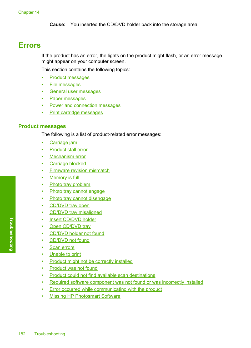 Errors, Product messages | HP Photosmart C5580 All-in-One Printer User Manual | Page 185 / 292