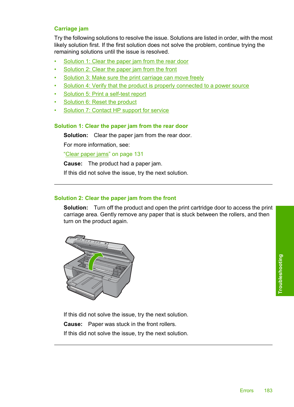 Carriage jam | HP Photosmart C5580 All-in-One Printer User Manual | Page 186 / 292
