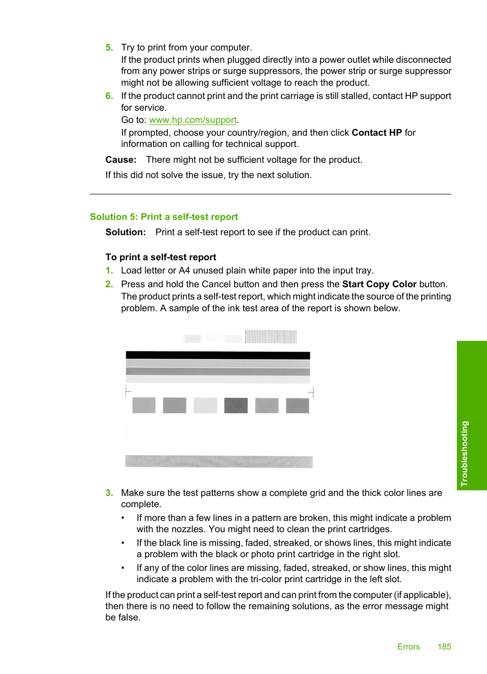 Solution 5: print a self-test report | HP Photosmart C5580 All-in-One Printer User Manual | Page 188 / 292