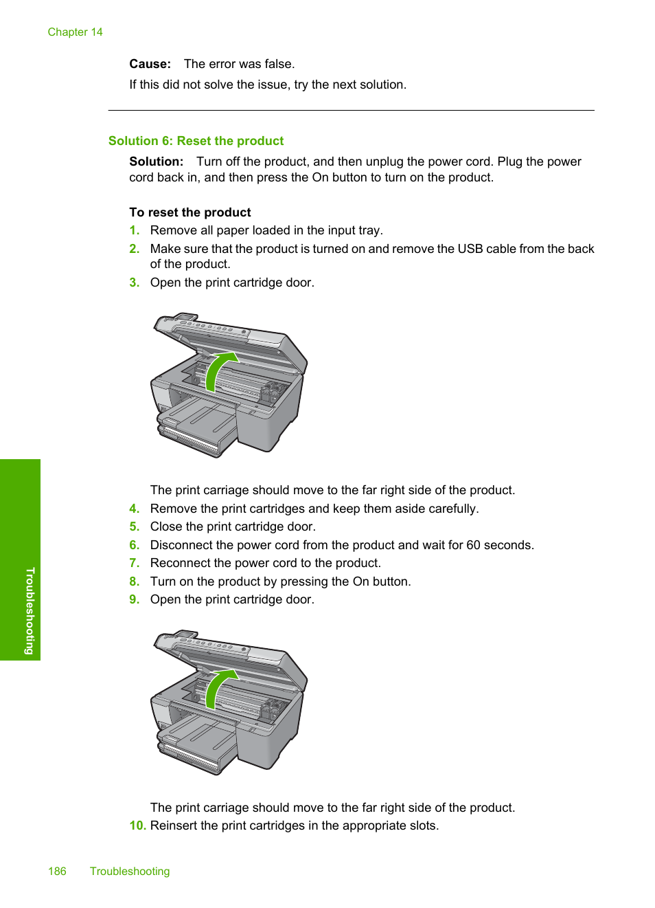 Solution 6: reset the product | HP Photosmart C5580 All-in-One Printer User Manual | Page 189 / 292