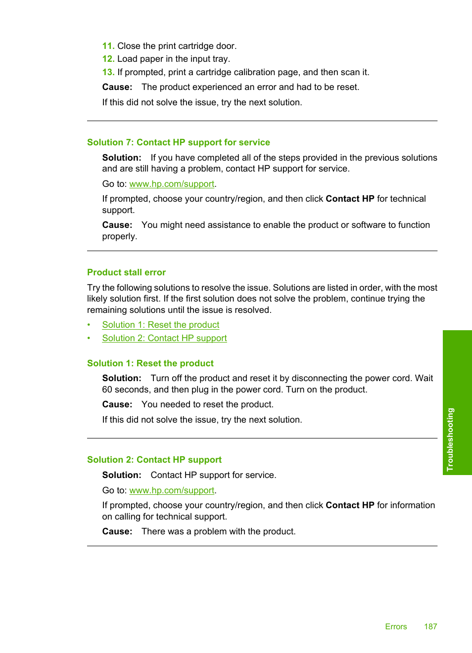 Product stall error, Solution 7: contact hp support for service | HP Photosmart C5580 All-in-One Printer User Manual | Page 190 / 292