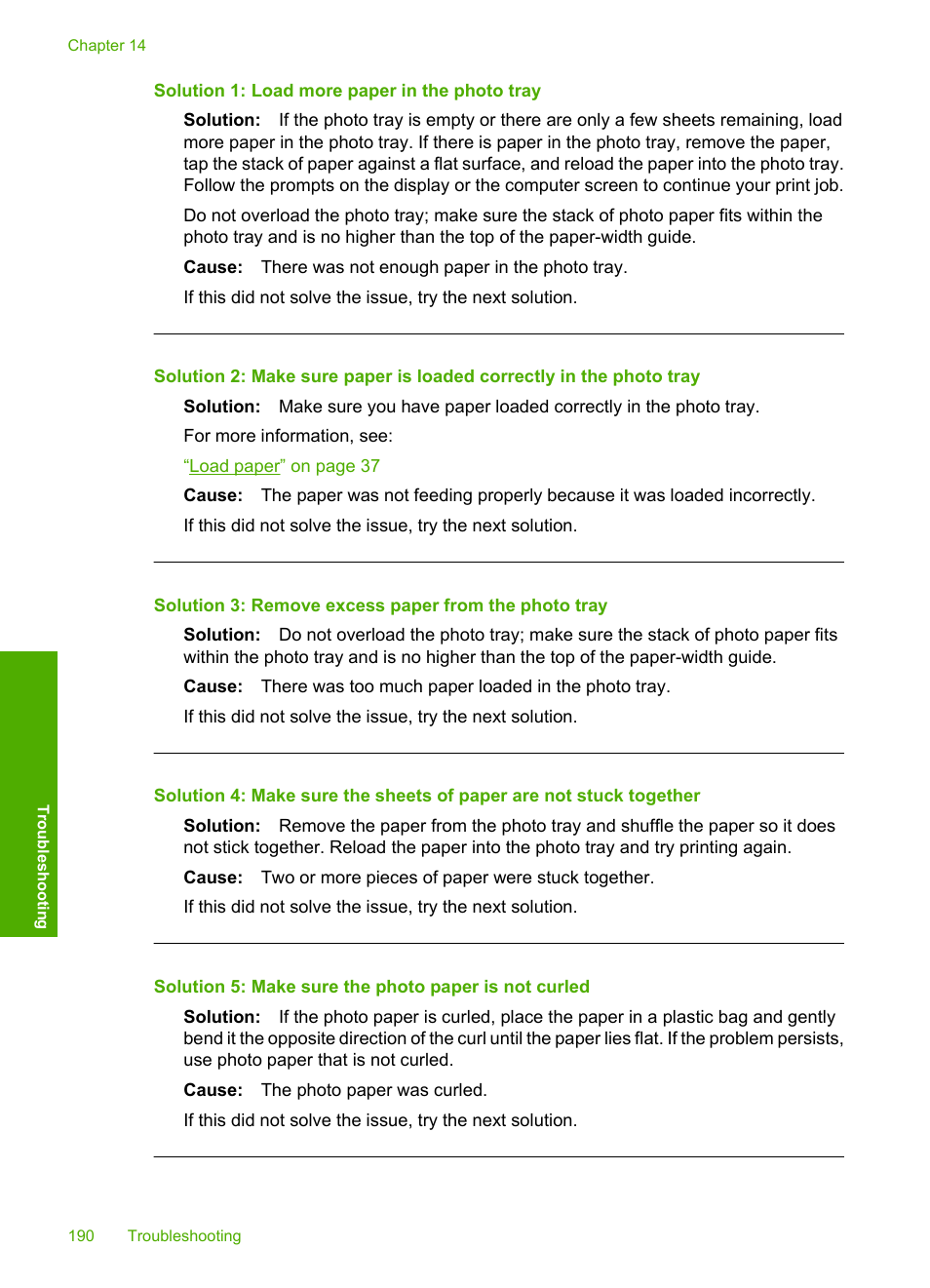 Solution 1: load more paper in the photo tray | HP Photosmart C5580 All-in-One Printer User Manual | Page 193 / 292