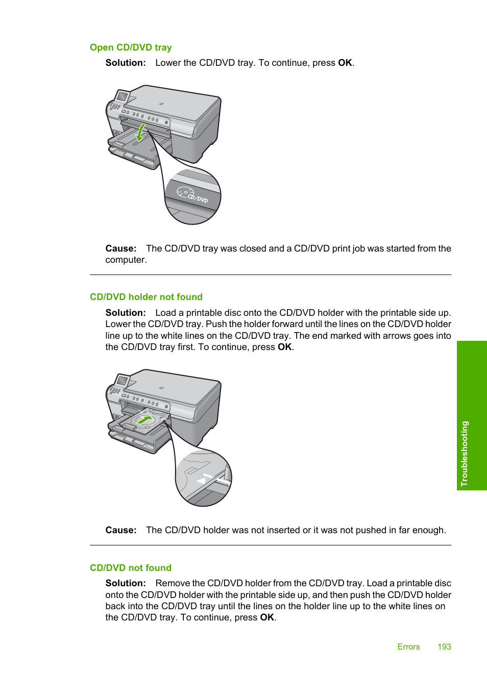 Open cd/dvd tray, Cd/dvd holder not found, Cd/dvd not found | HP Photosmart C5580 All-in-One Printer User Manual | Page 196 / 292