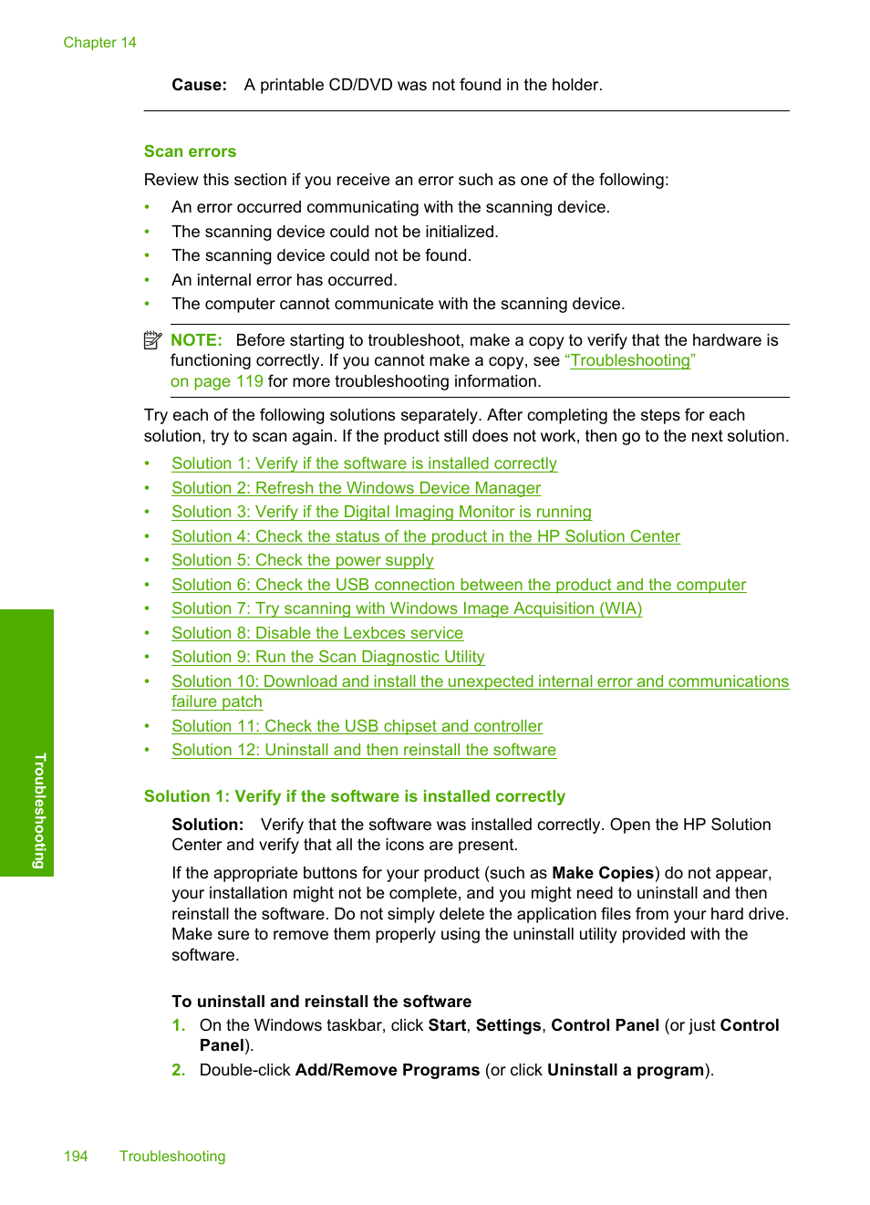 Scan errors | HP Photosmart C5580 All-in-One Printer User Manual | Page 197 / 292