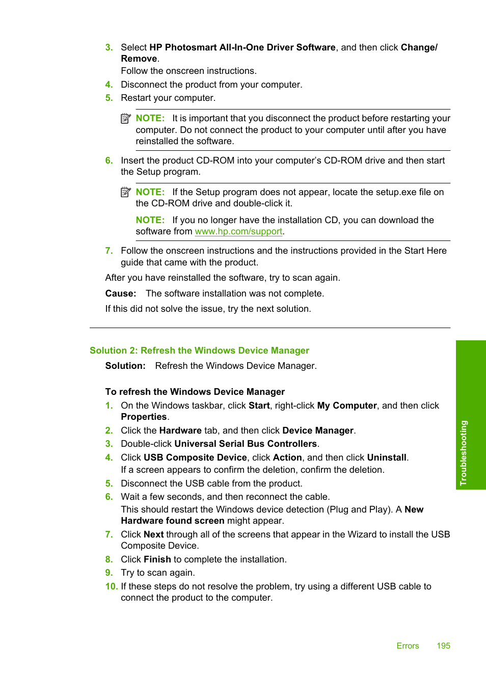 Solution 2: refresh the windows device manager | HP Photosmart C5580 All-in-One Printer User Manual | Page 198 / 292