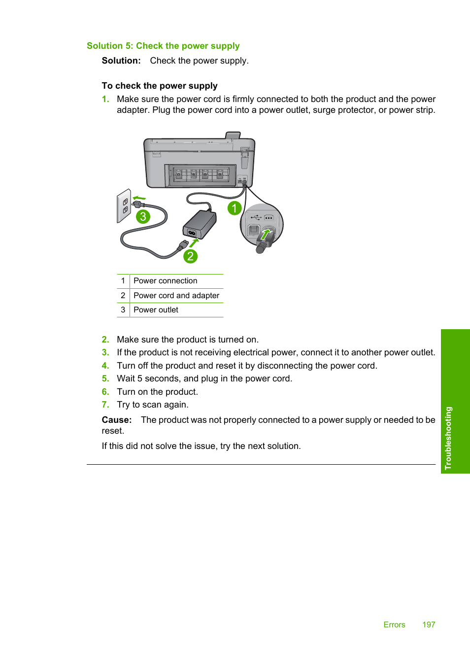 Solution 5: check the power supply | HP Photosmart C5580 All-in-One Printer User Manual | Page 200 / 292