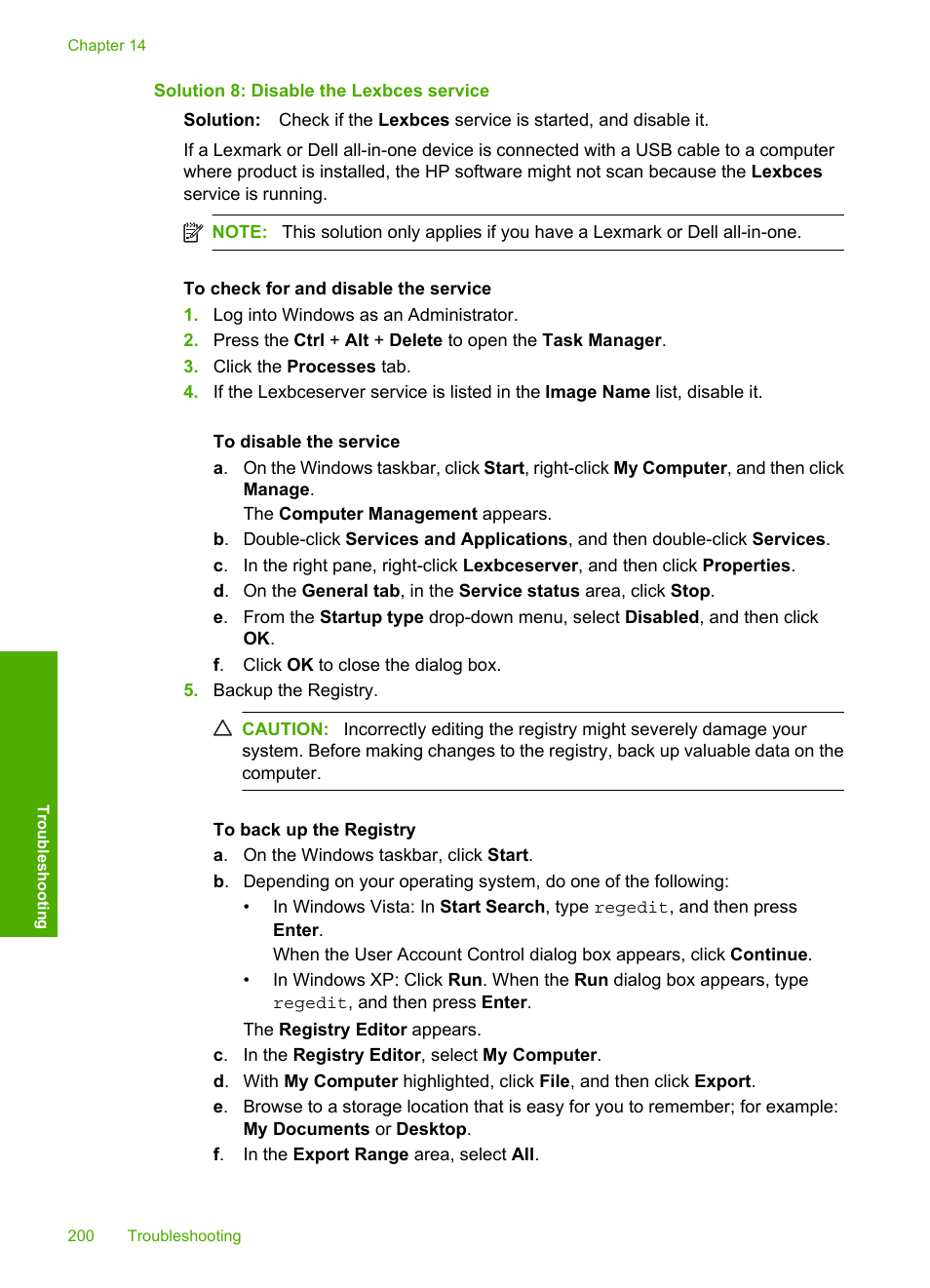 Solution 8: disable the lexbces service | HP Photosmart C5580 All-in-One Printer User Manual | Page 203 / 292