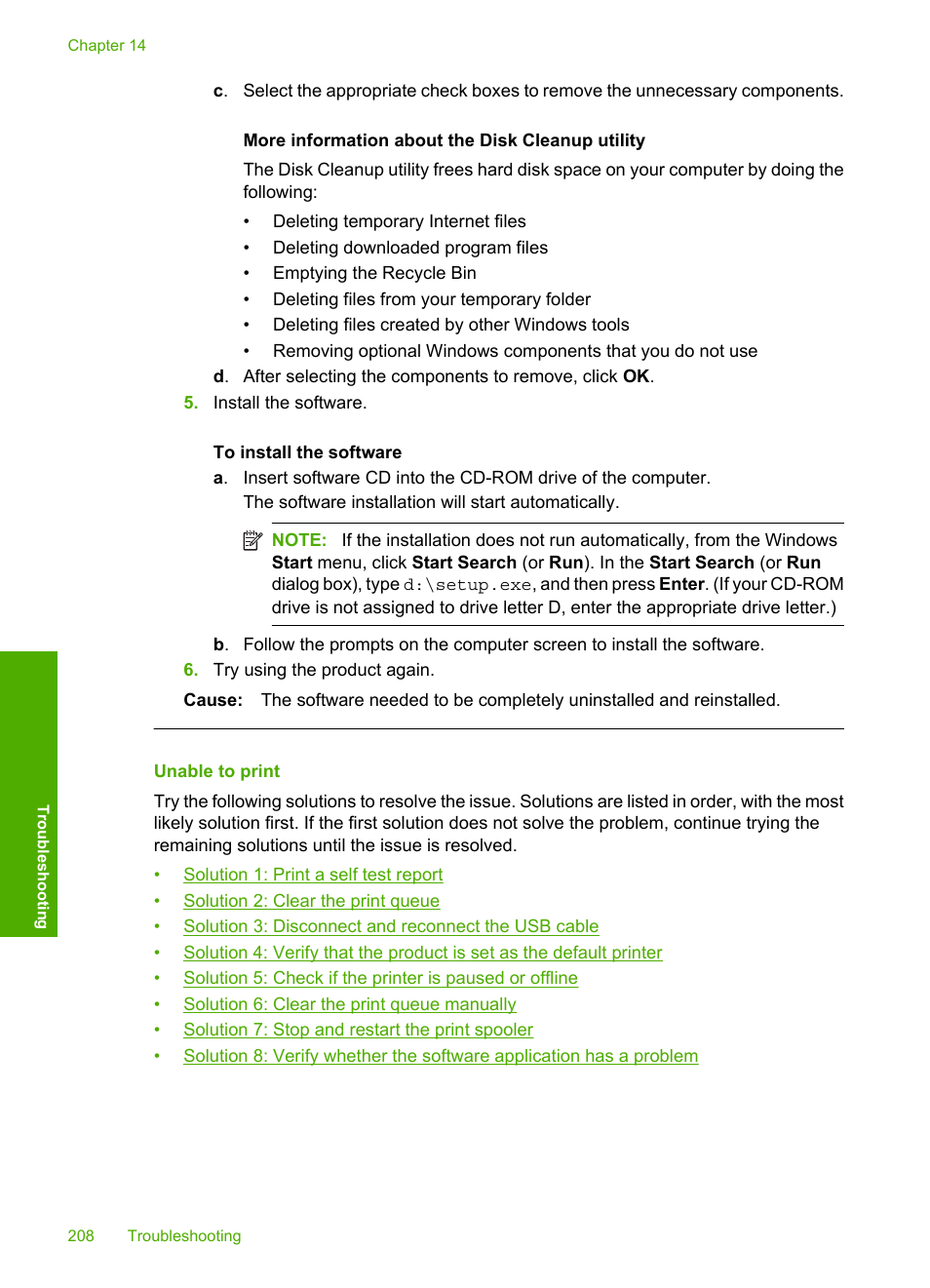 Unable to print | HP Photosmart C5580 All-in-One Printer User Manual | Page 211 / 292