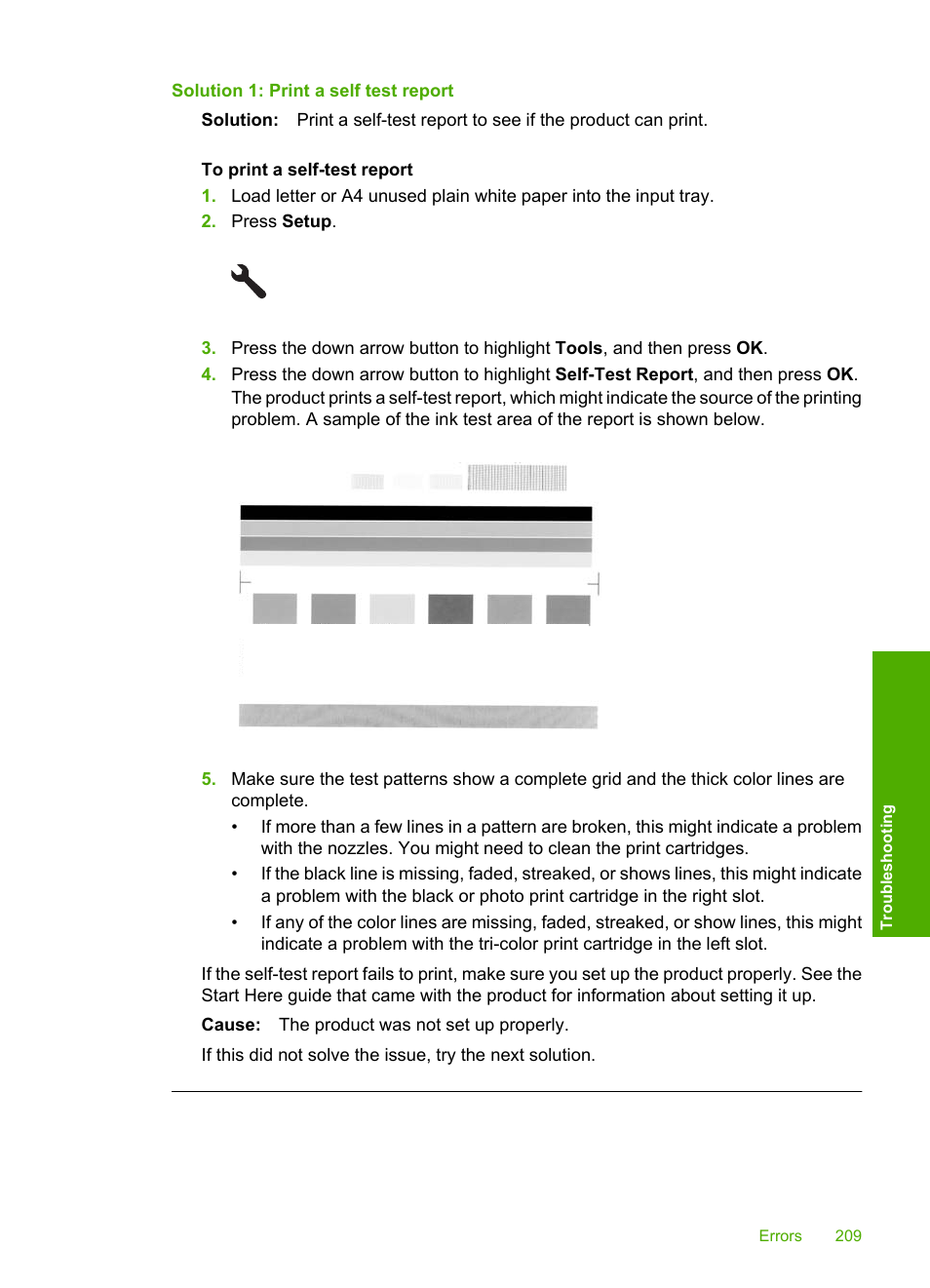 Solution 1: print a self test report | HP Photosmart C5580 All-in-One Printer User Manual | Page 212 / 292