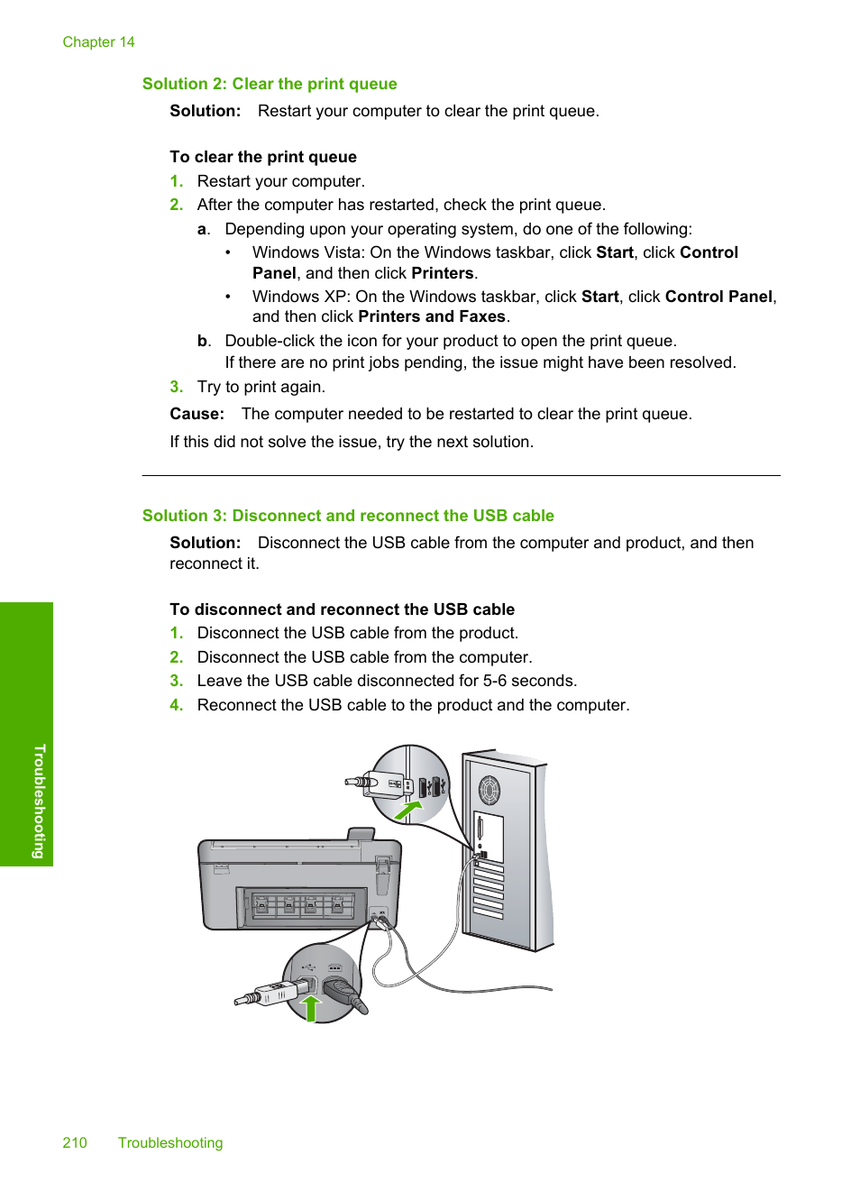 Solution 2: clear the print queue, Solution 3: disconnect and reconnect the usb cable | HP Photosmart C5580 All-in-One Printer User Manual | Page 213 / 292