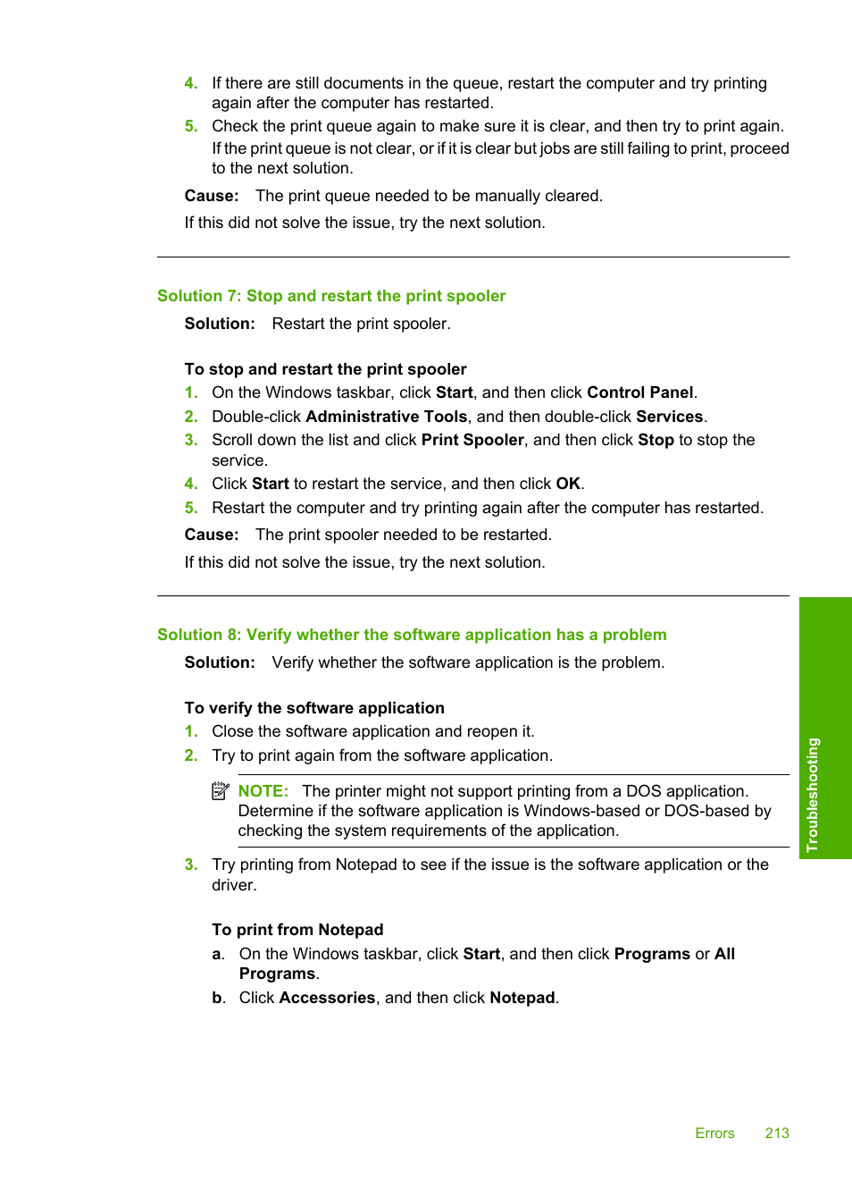 Solution 7: stop and restart the print spooler | HP Photosmart C5580 All-in-One Printer User Manual | Page 216 / 292