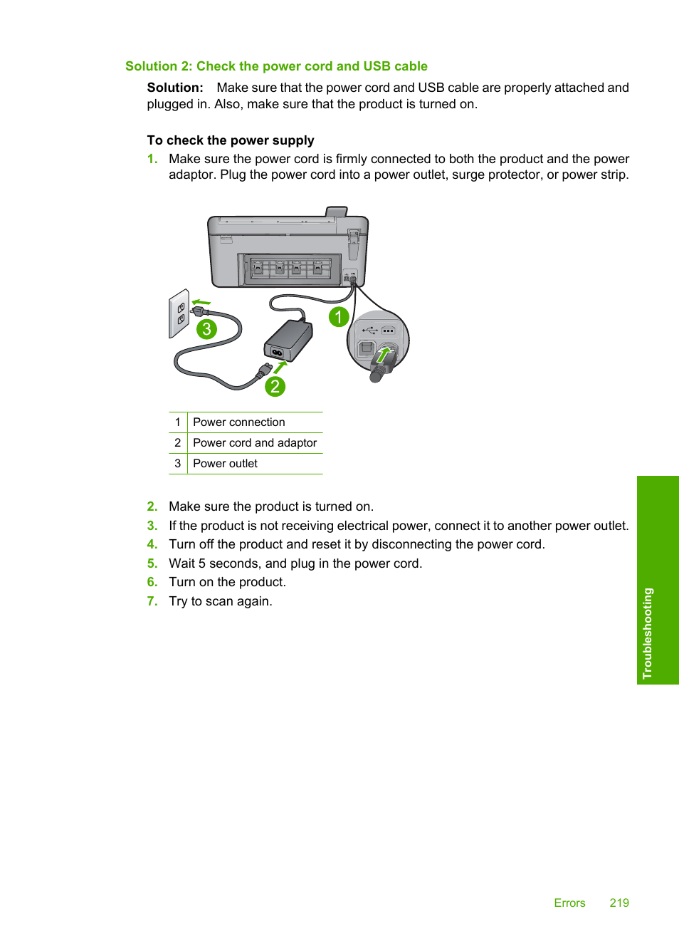 Solution 2: check the power cord and usb cable | HP Photosmart C5580 All-in-One Printer User Manual | Page 222 / 292