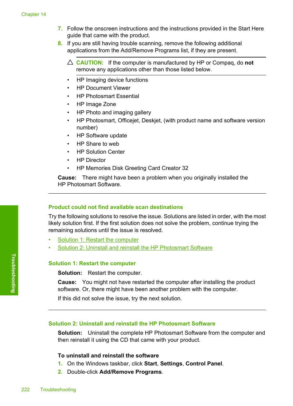 Product could not find available scan destinations | HP Photosmart C5580 All-in-One Printer User Manual | Page 225 / 292