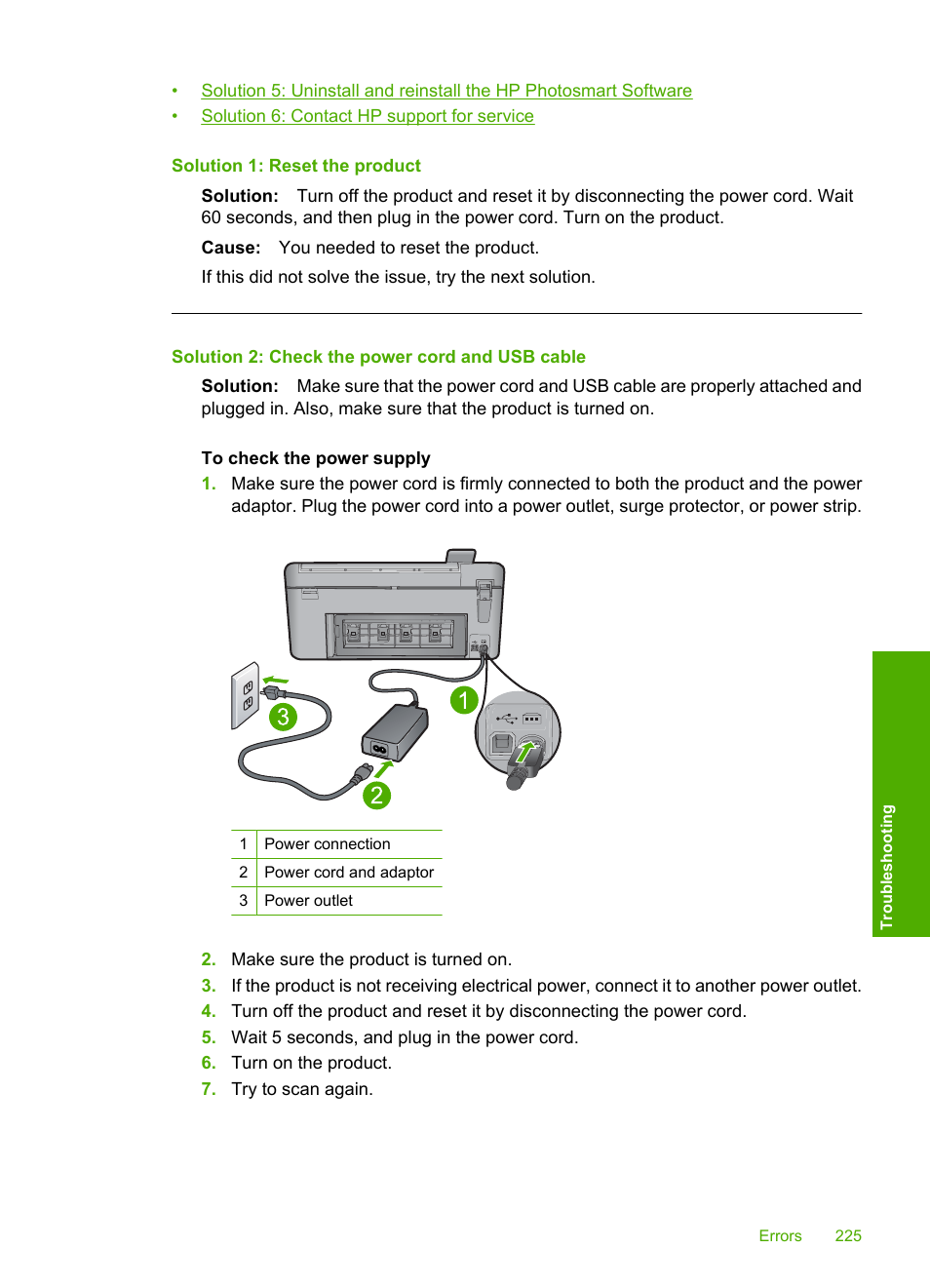 Solution 1: reset the product, Solution 2: check the power cord and usb cable | HP Photosmart C5580 All-in-One Printer User Manual | Page 228 / 292