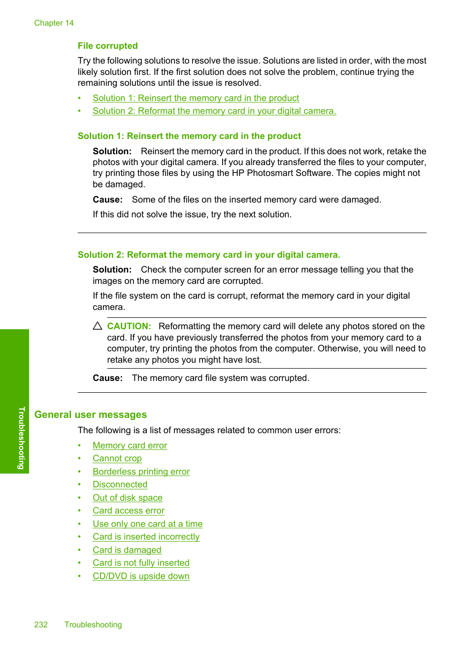 File corrupted, General user messages | HP Photosmart C5580 All-in-One Printer User Manual | Page 235 / 292