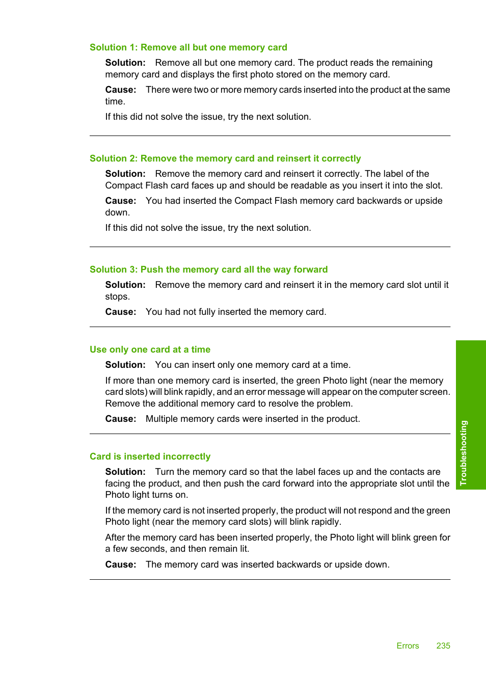 Use only one card at a time, Card is inserted incorrectly, Solution 1: remove all but one memory card | HP Photosmart C5580 All-in-One Printer User Manual | Page 238 / 292