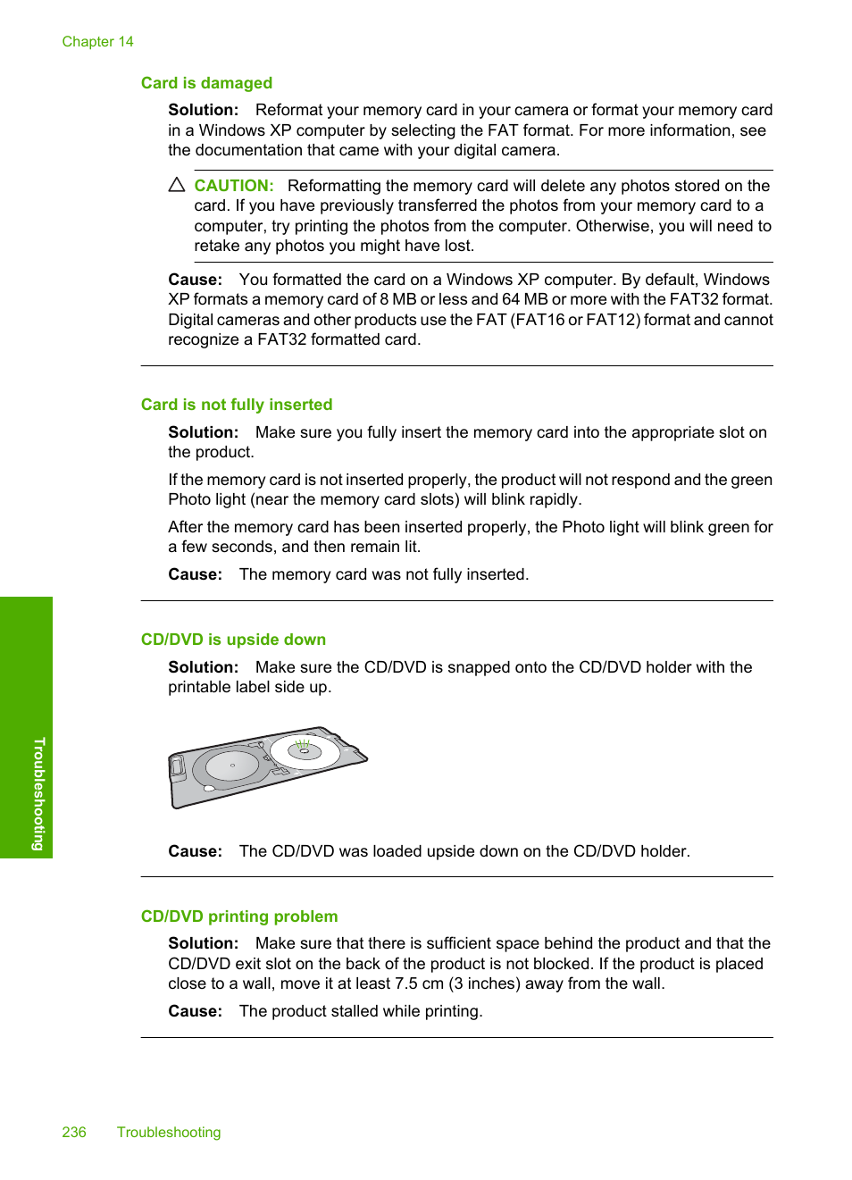 Card is damaged, Card is not fully inserted, Cd/dvd is upside down | Cd/dvd printing problem | HP Photosmart C5580 All-in-One Printer User Manual | Page 239 / 292