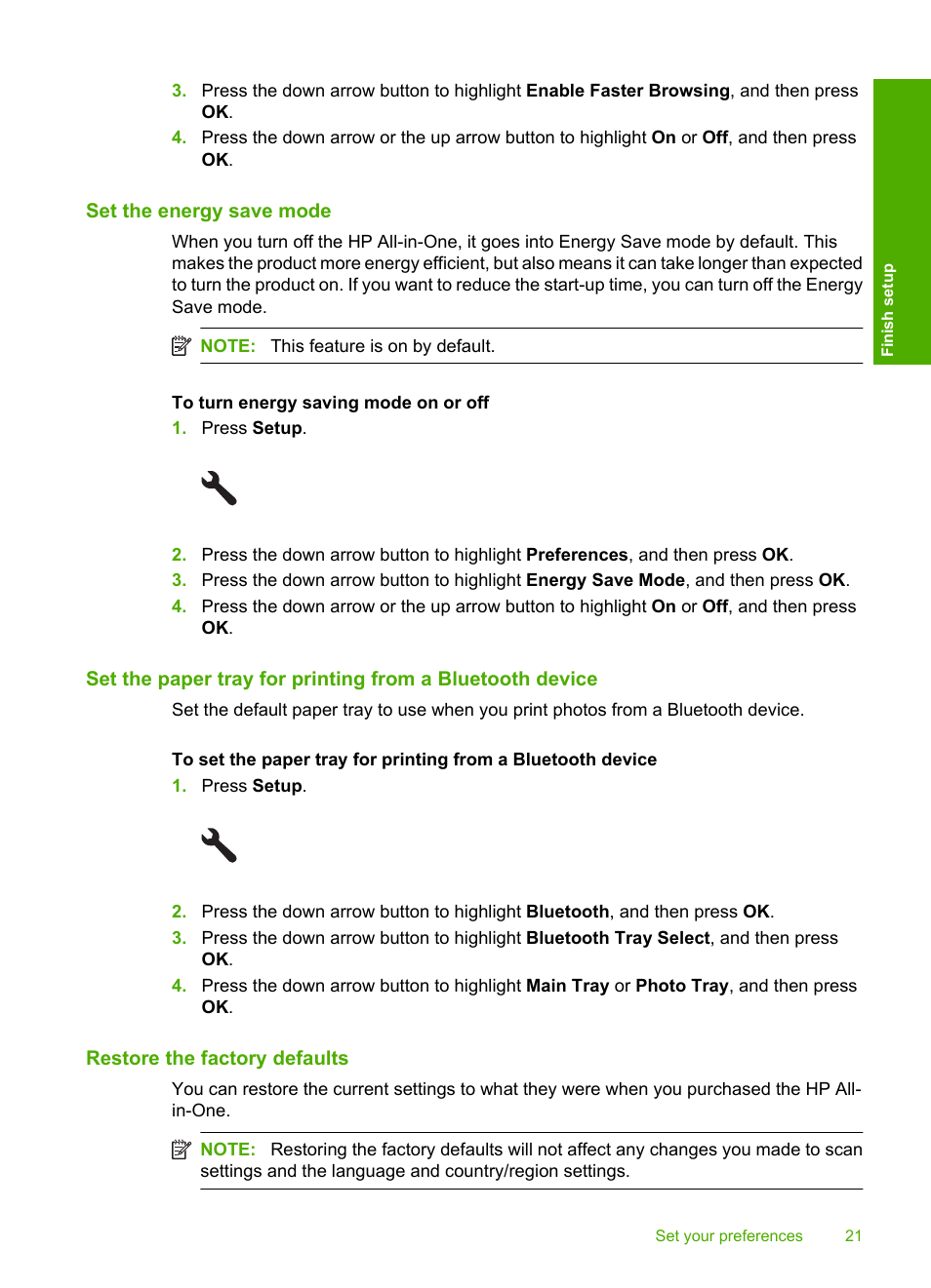 Set the energy save mode, Restore the factory defaults | HP Photosmart C5580 All-in-One Printer User Manual | Page 24 / 292