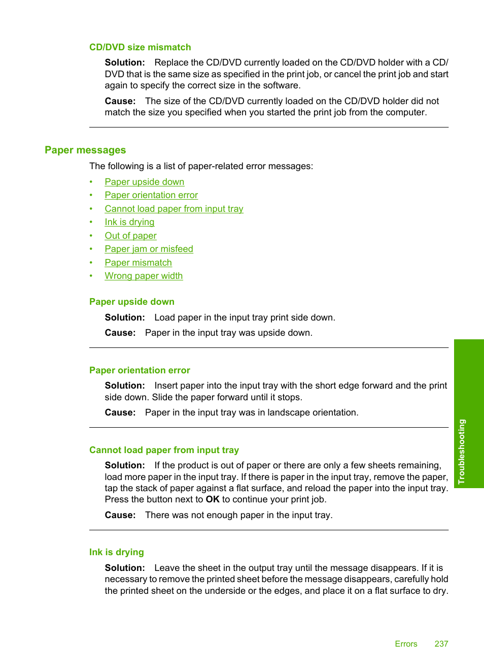 Paper messages, Cd/dvd size mismatch | HP Photosmart C5580 All-in-One Printer User Manual | Page 240 / 292