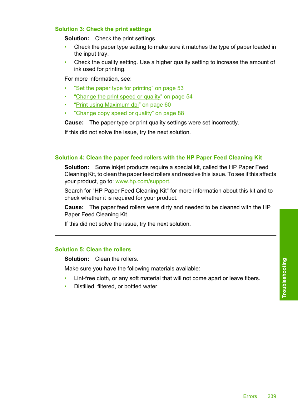 Solution 3: check the print settings, Solution 5: clean the rollers | HP Photosmart C5580 All-in-One Printer User Manual | Page 242 / 292