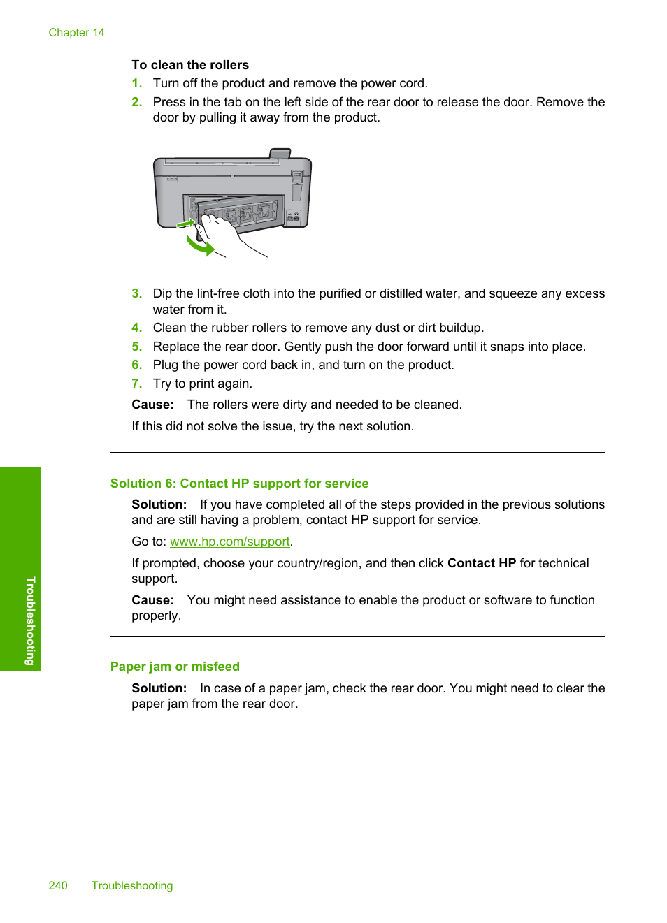 Paper jam or misfeed, Solution 6: contact hp support for service | HP Photosmart C5580 All-in-One Printer User Manual | Page 243 / 292