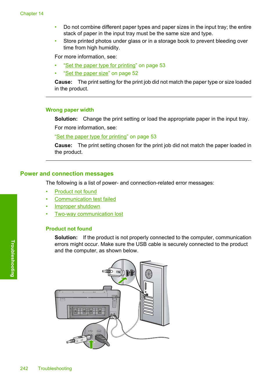 Power and connection messages, Wrong paper width | HP Photosmart C5580 All-in-One Printer User Manual | Page 245 / 292