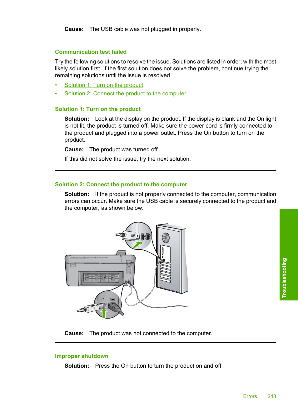 Communication test failed, Improper shutdown | HP Photosmart C5580 All-in-One Printer User Manual | Page 246 / 292