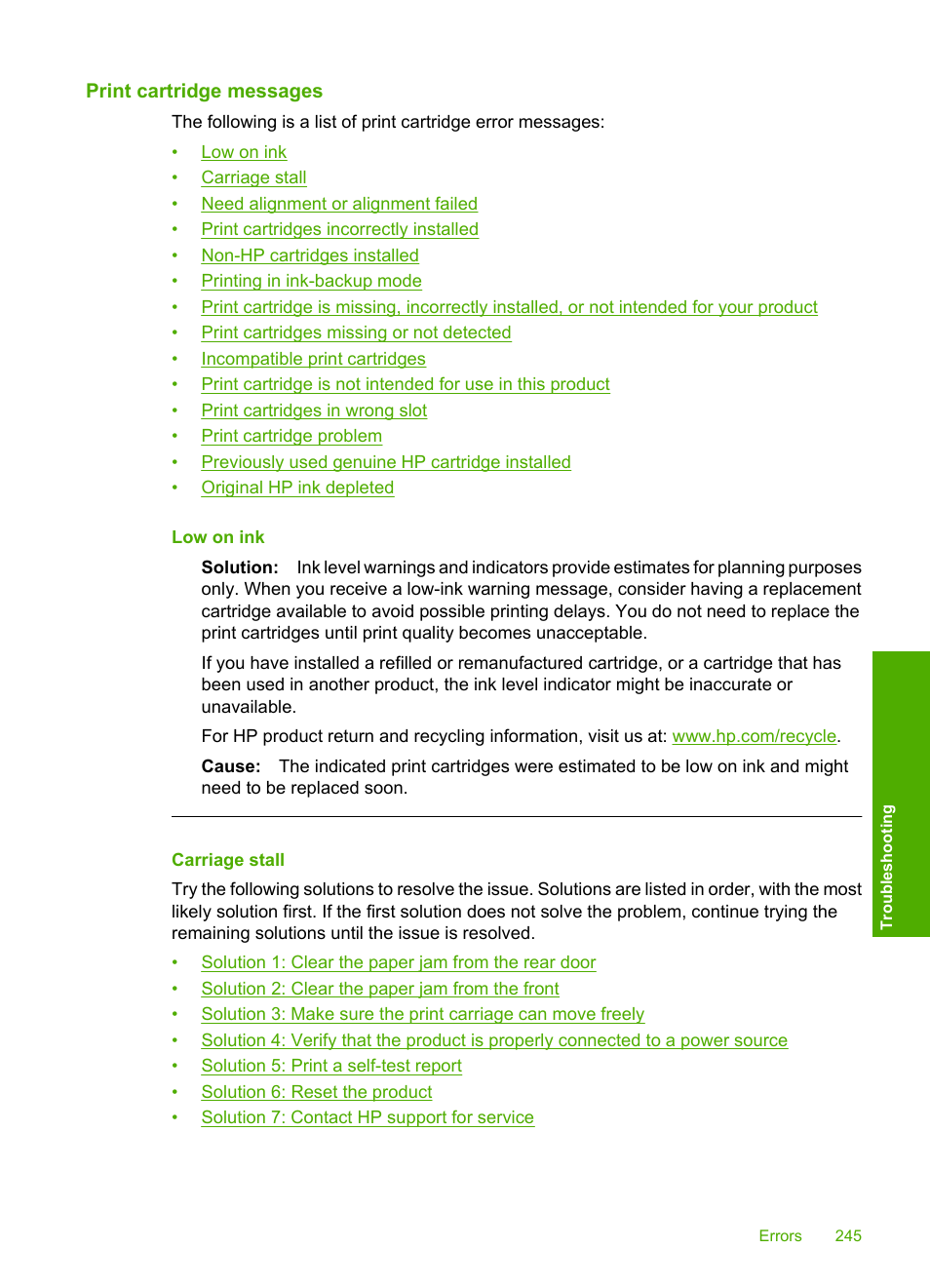 Print cartridge messages, Carriage stall, Print cartridge | HP Photosmart C5580 All-in-One Printer User Manual | Page 248 / 292