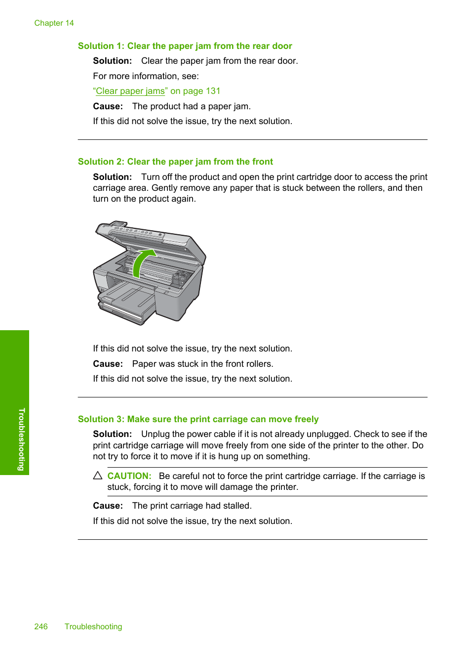 Solution 1: clear the paper jam from the rear door, Solution 2: clear the paper jam from the front | HP Photosmart C5580 All-in-One Printer User Manual | Page 249 / 292