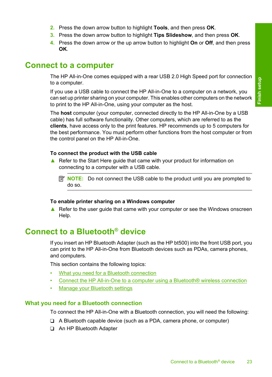 Connect to a computer, Connect to a bluetooth® device, What you need for a bluetooth connection | Connect to a computer connect to a bluetooth, Device, Wireless connection, Manage your bluetooth settings, Connect to a bluetooth | HP Photosmart C5580 All-in-One Printer User Manual | Page 26 / 292