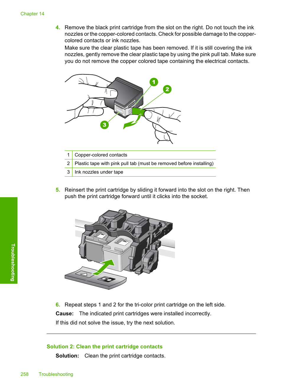 Solution 2: clean the print cartridge contacts | HP Photosmart C5580 All-in-One Printer User Manual | Page 261 / 292