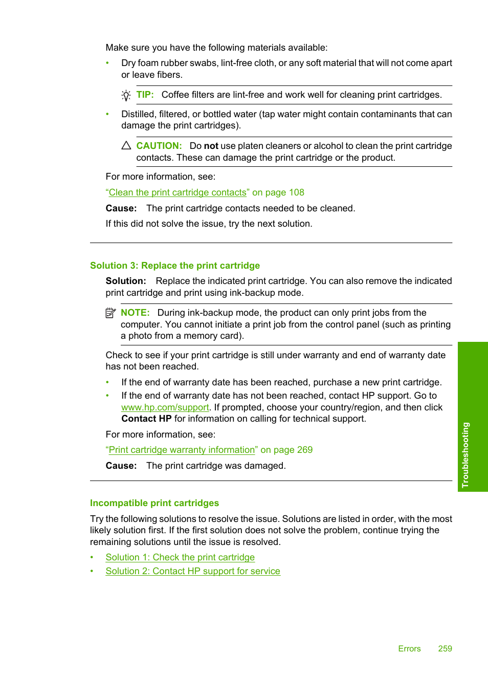 Incompatible print cartridges, Solution 3: replace the print cartridge | HP Photosmart C5580 All-in-One Printer User Manual | Page 262 / 292