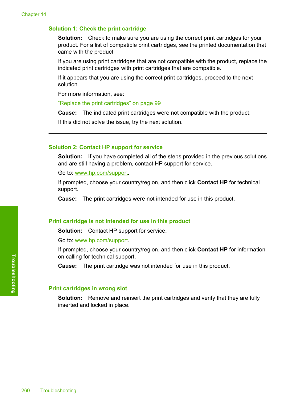 Print cartridges in wrong slot, Solution 1: check the print cartridge, Solution 2: contact hp support for service | HP Photosmart C5580 All-in-One Printer User Manual | Page 263 / 292