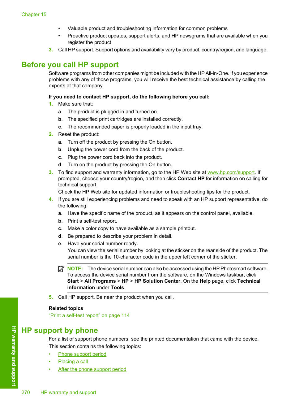 Before you call hp support, Hp support by phone, Before you call hp support hp support by phone | HP Photosmart C5580 All-in-One Printer User Manual | Page 273 / 292