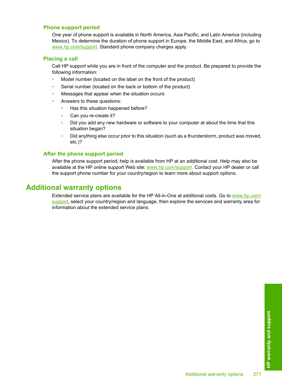 Phone support period, Placing a call, After the phone support period | Additional warranty options | HP Photosmart C5580 All-in-One Printer User Manual | Page 274 / 292