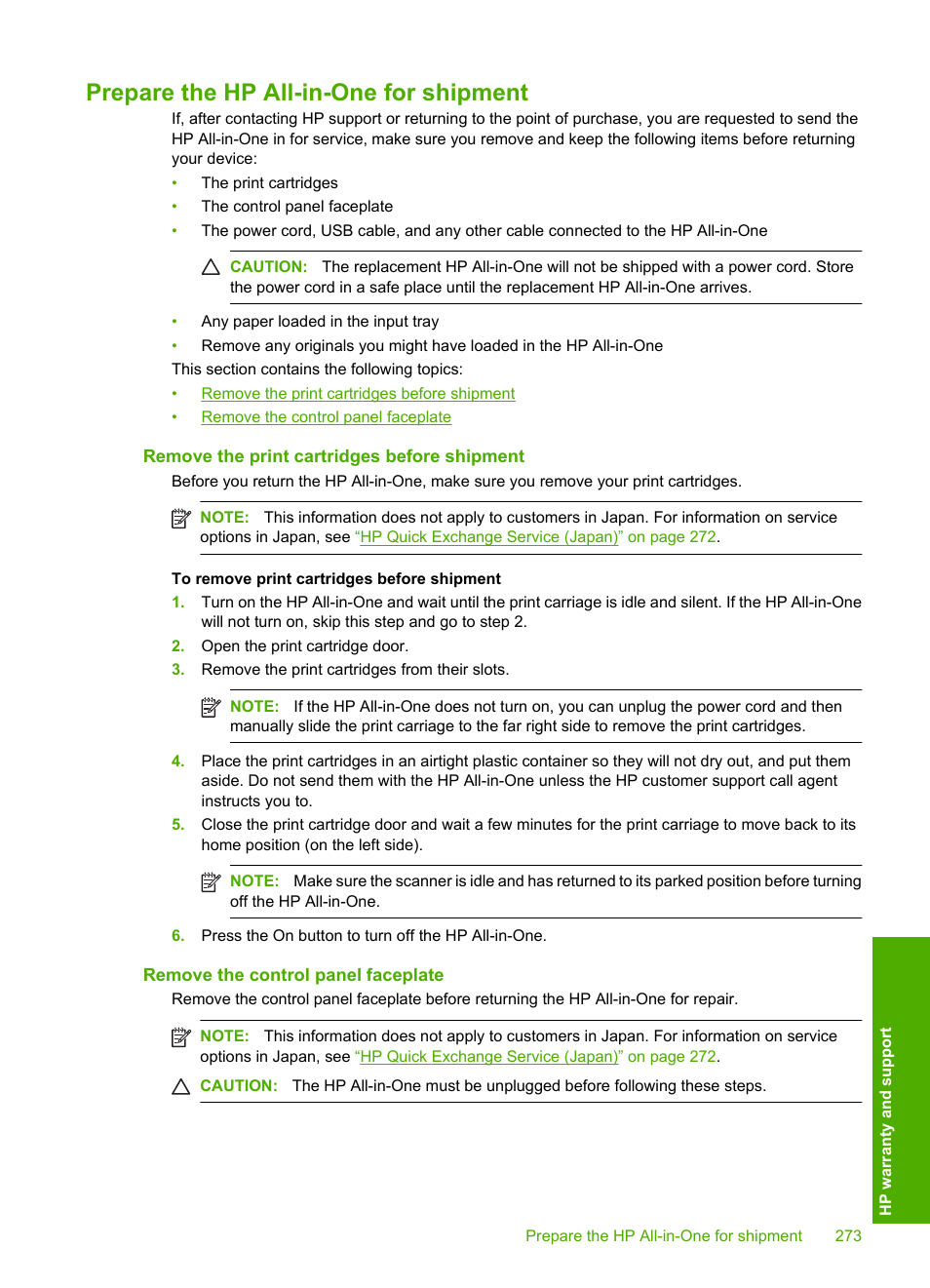 Prepare the hp all-in-one for shipment, Remove the print cartridges before shipment, Remove the control panel faceplate | HP Photosmart C5580 All-in-One Printer User Manual | Page 276 / 292