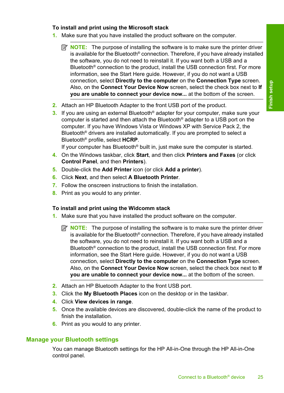 Manage your bluetooth settings | HP Photosmart C5580 All-in-One Printer User Manual | Page 28 / 292