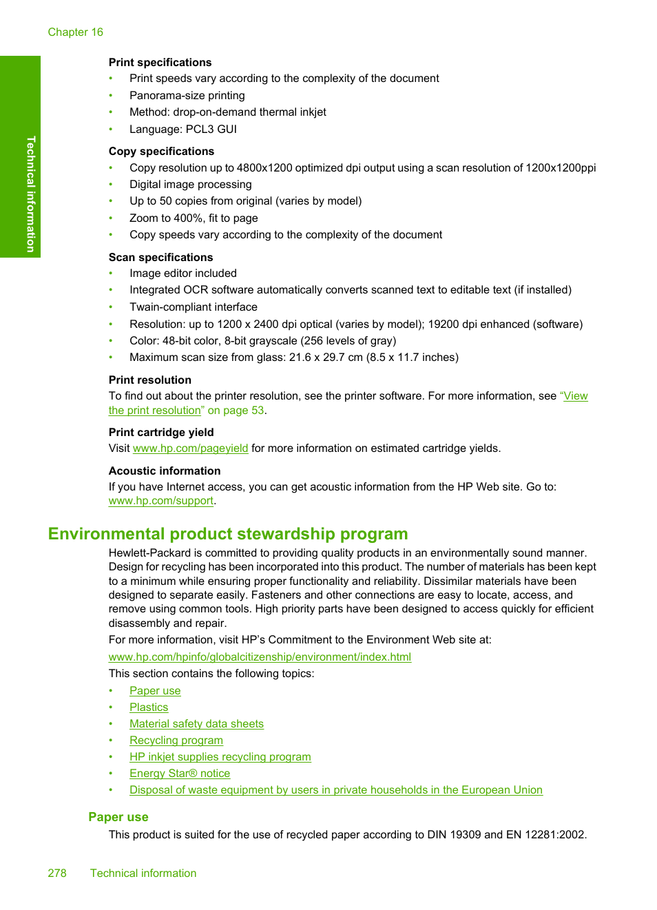 Environmental product stewardship program, Paper use | HP Photosmart C5580 All-in-One Printer User Manual | Page 281 / 292