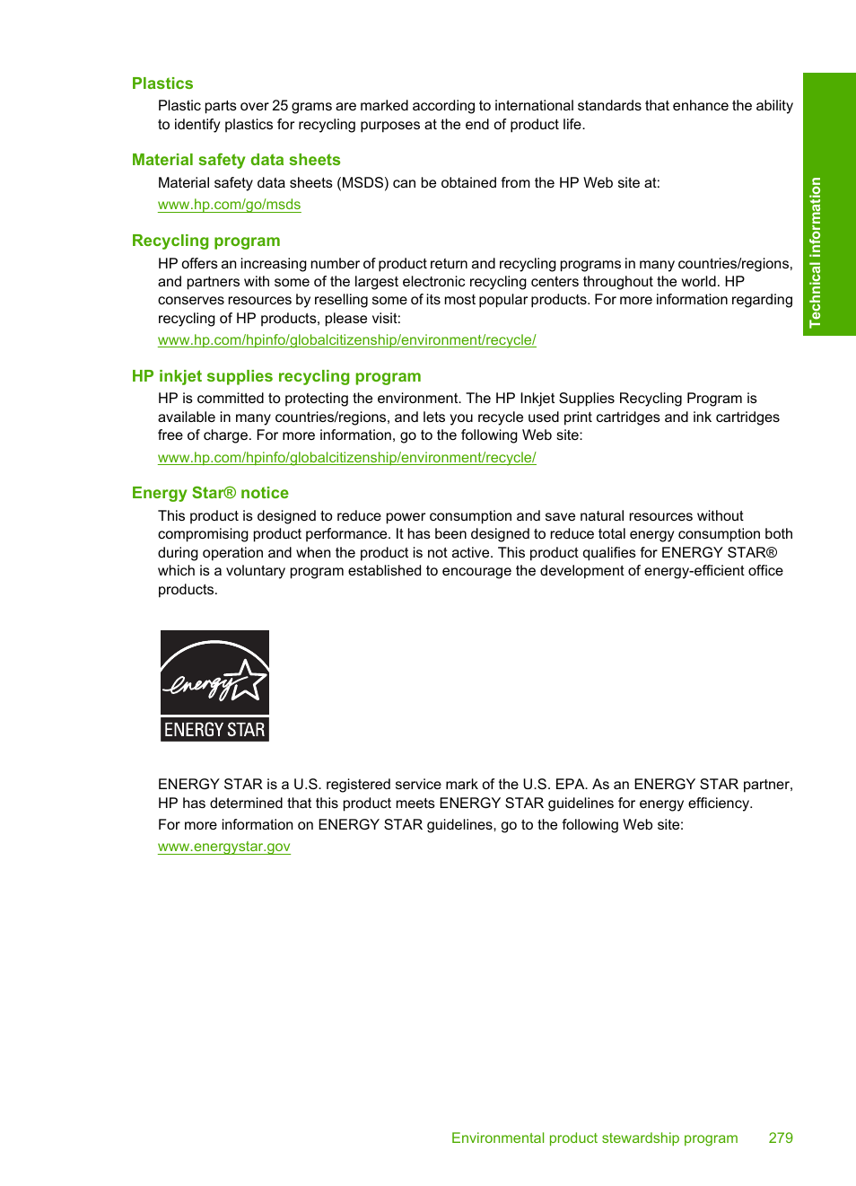 Plastics, Material safety data sheets, Recycling program | Hp inkjet supplies recycling program, Energy star® notice | HP Photosmart C5580 All-in-One Printer User Manual | Page 282 / 292