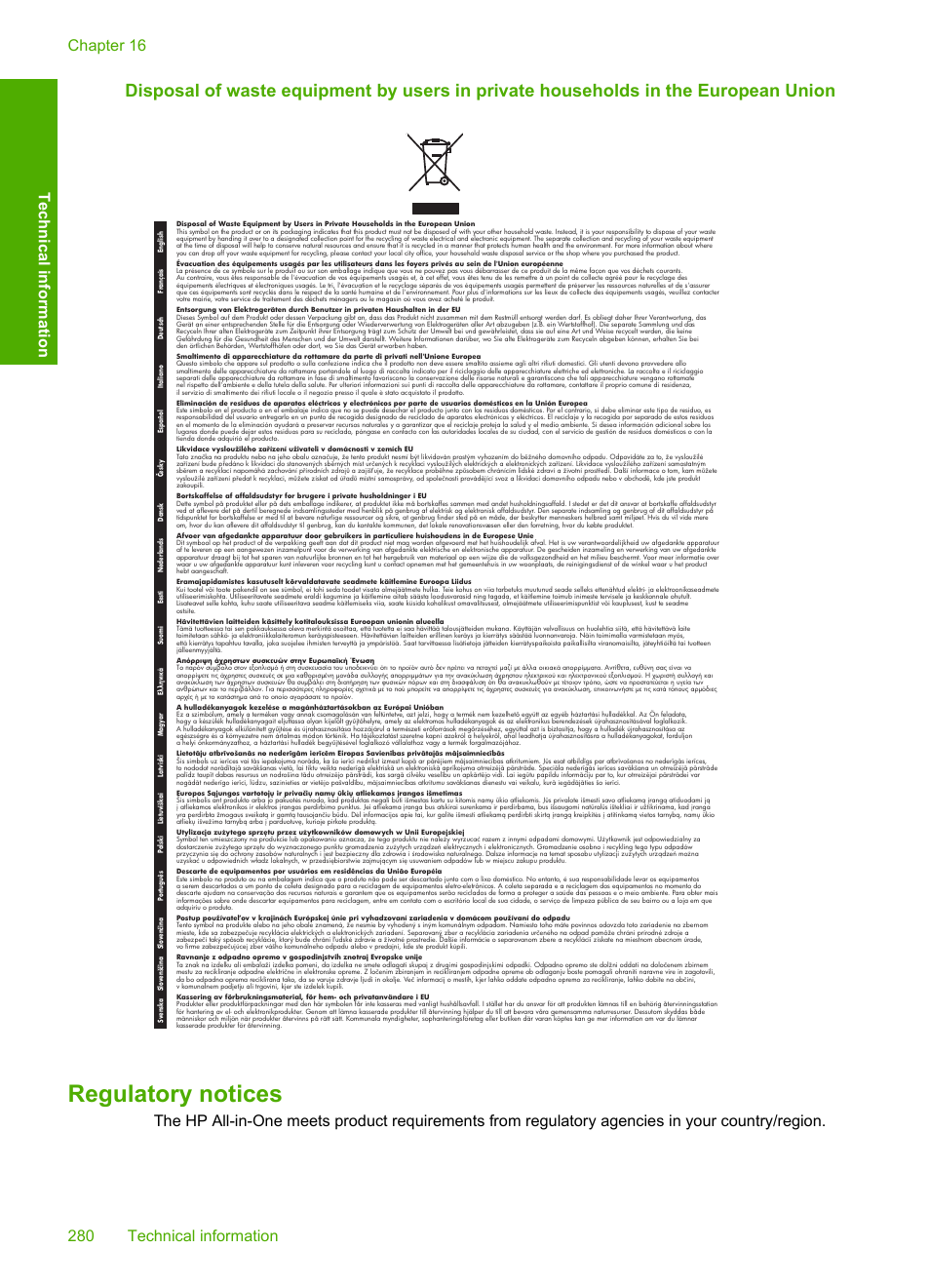 Regulatory notices | HP Photosmart C5580 All-in-One Printer User Manual | Page 283 / 292