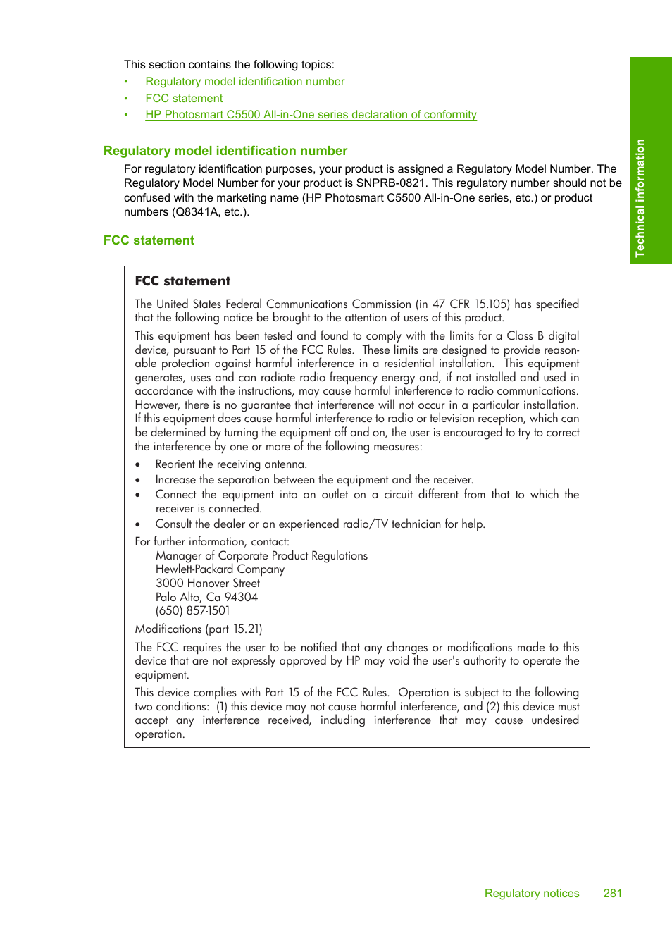 Regulatory model identification number, Fcc statement | HP Photosmart C5580 All-in-One Printer User Manual | Page 284 / 292