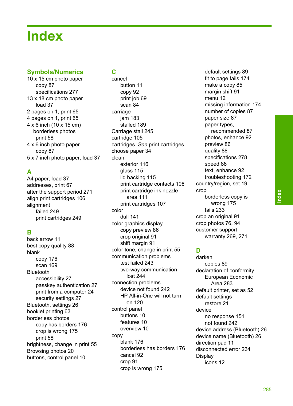 Index | HP Photosmart C5580 All-in-One Printer User Manual | Page 287 / 292