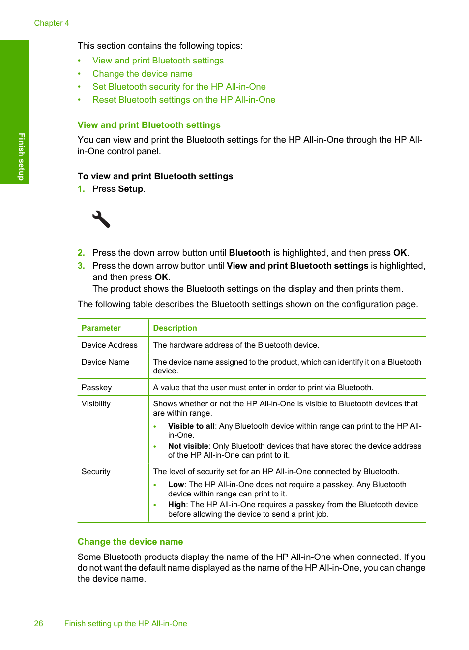 View and print bluetooth settings, Change the device name | HP Photosmart C5580 All-in-One Printer User Manual | Page 29 / 292