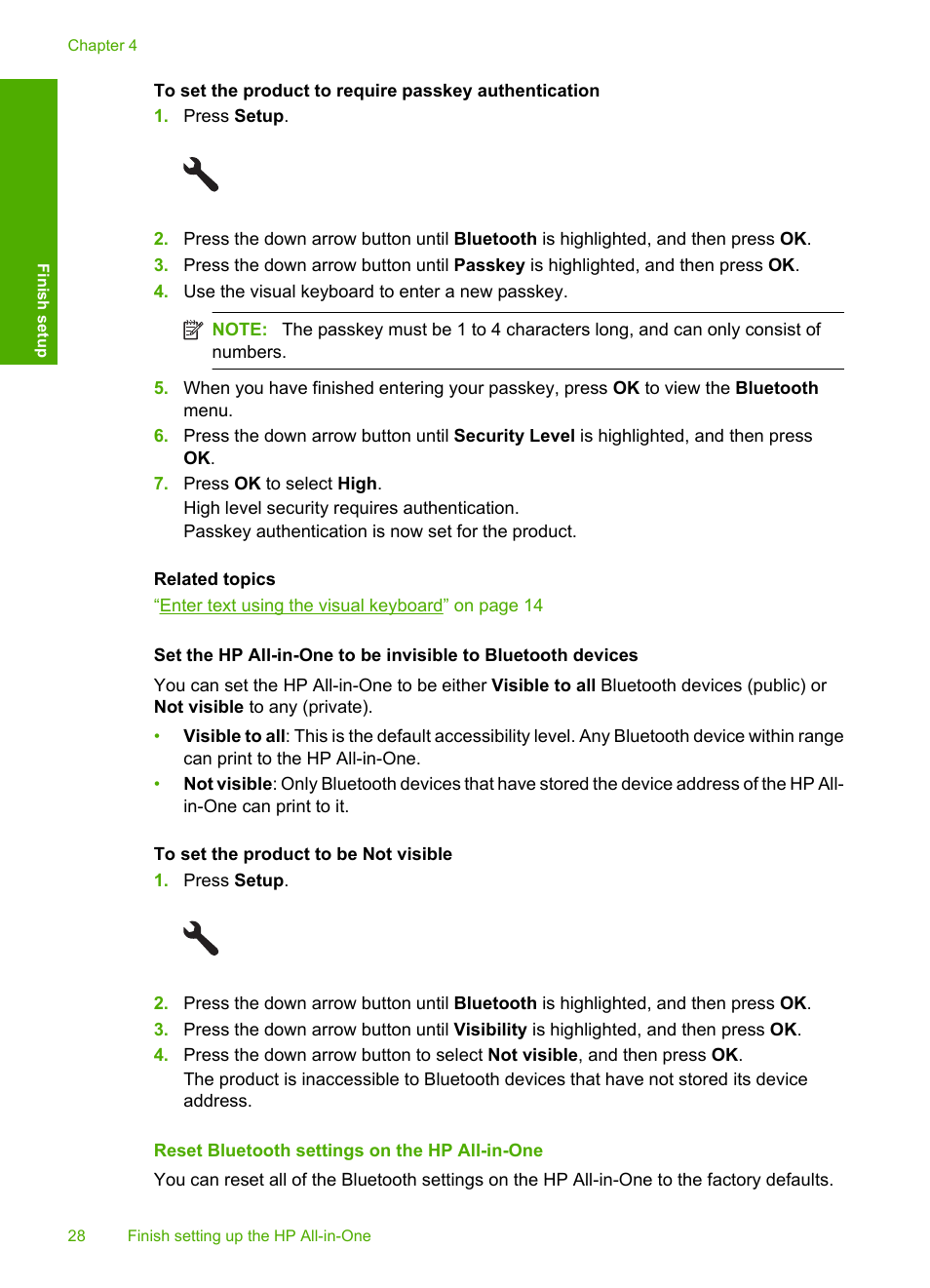Reset bluetooth settings on the hp all-in-one | HP Photosmart C5580 All-in-One Printer User Manual | Page 31 / 292